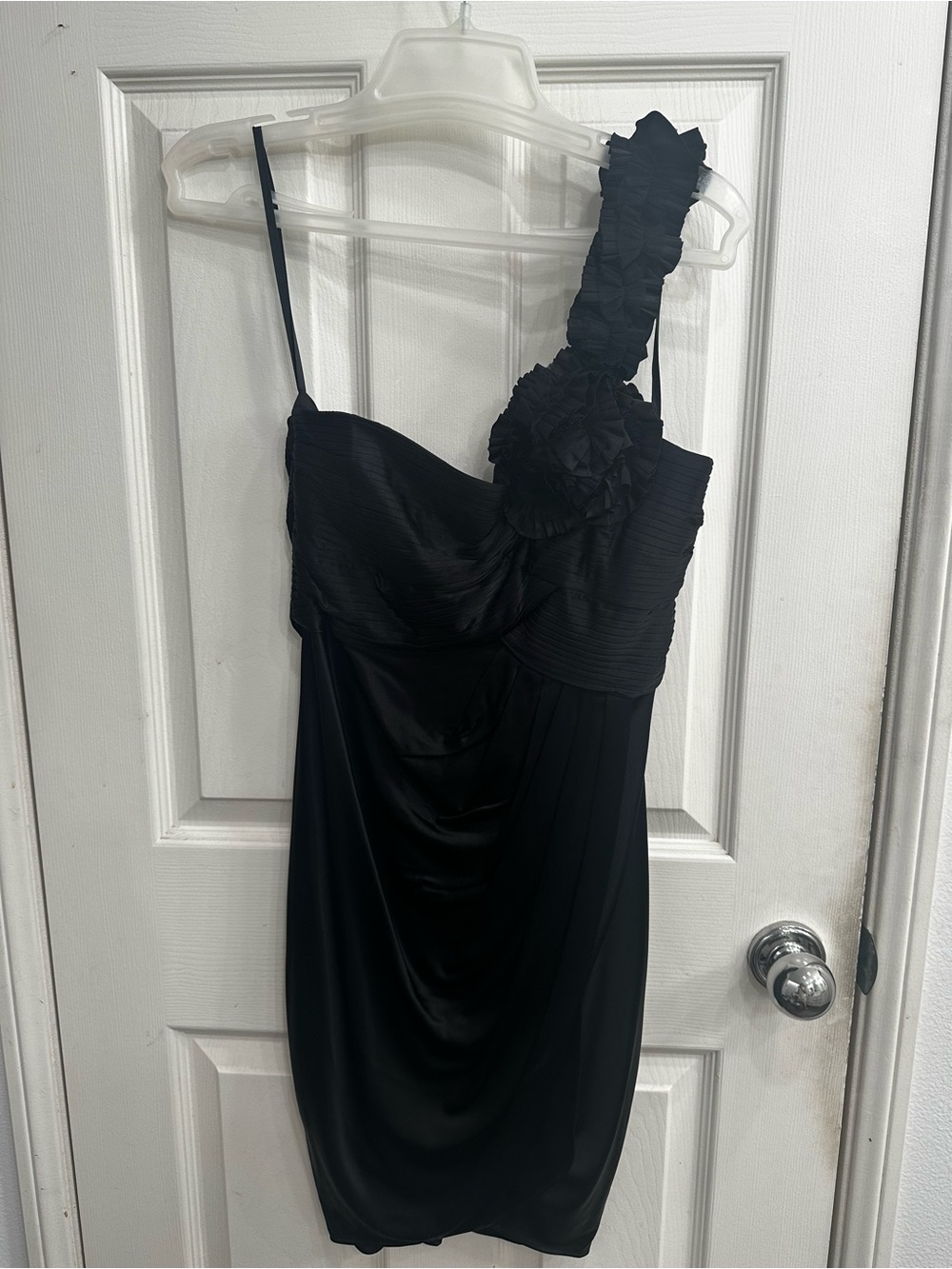 BCBGMaxAzria Black One-Shoulder Rosette Cocktail Dress “Addison”